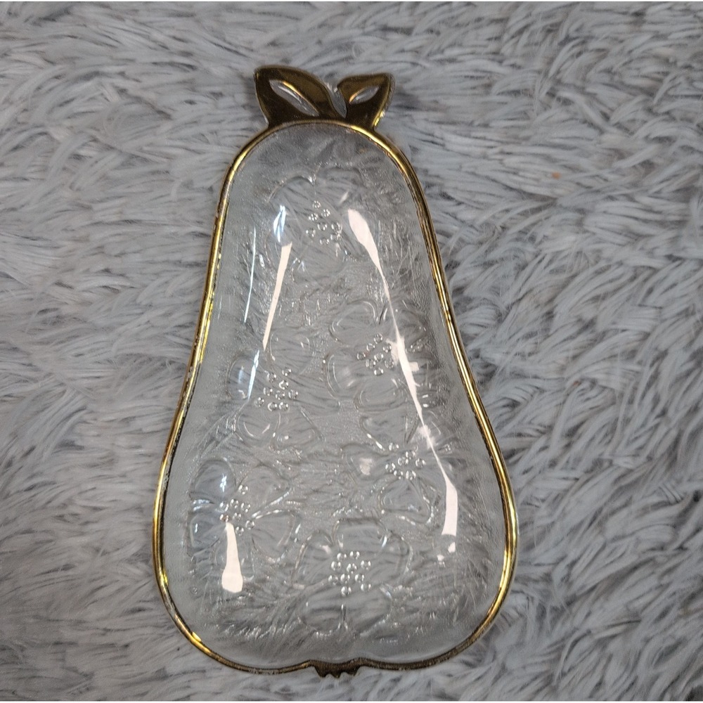 Vintage Hazel‎ Atlas Pear Shaped Glass Candy Dish with Gold Rim Decor